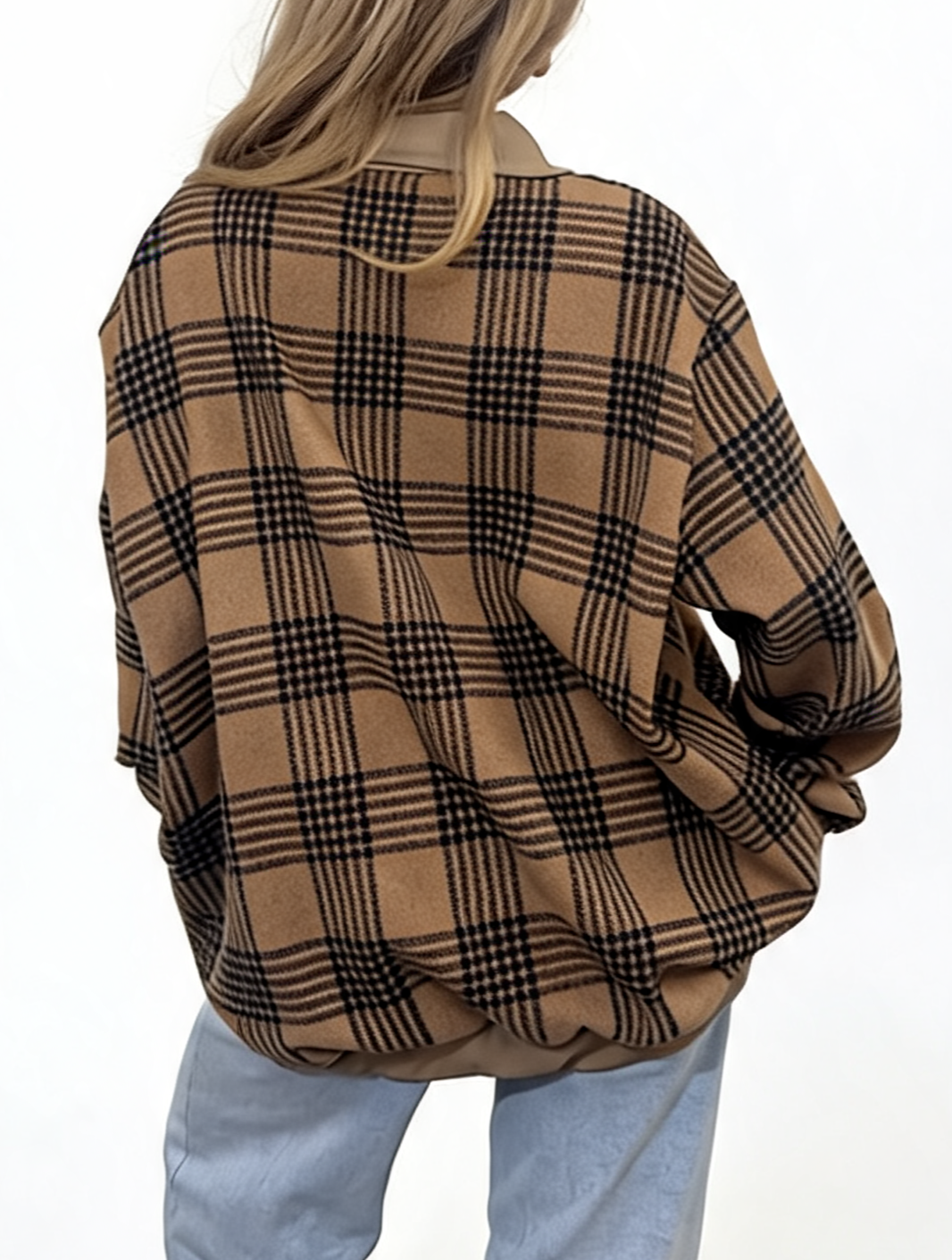 Oversized Check Zip-Up Plaid Collared  with Contrast Trim Bomber Jacket