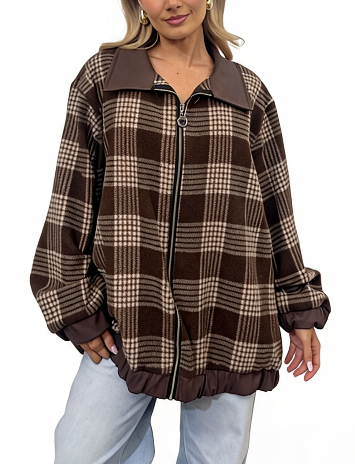 Oversized Check Zip-Up Plaid Collared  with Contrast Trim Bomber Jacket