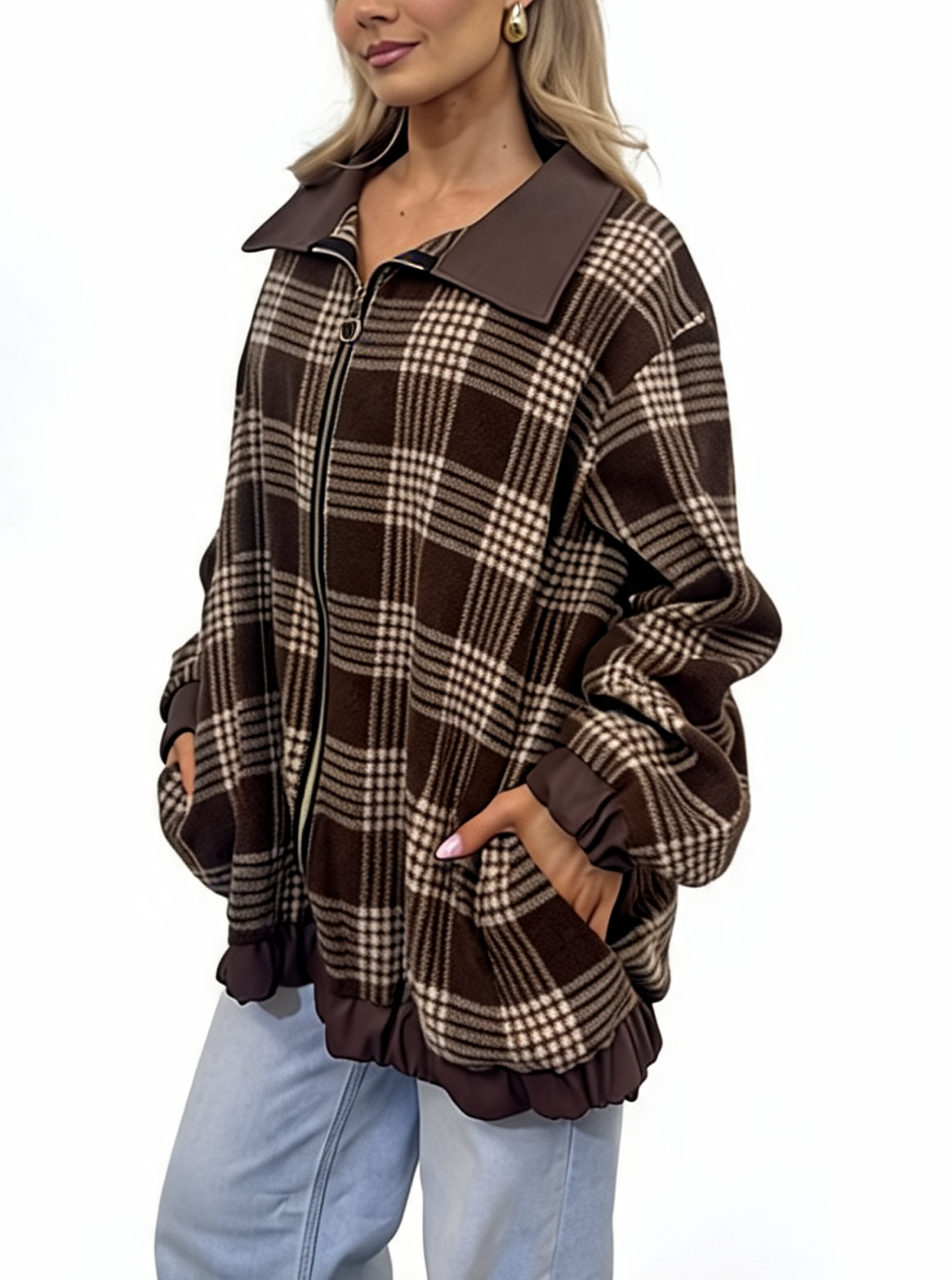 Oversized Check Zip-Up Plaid Collared  with Contrast Trim Bomber Jacket