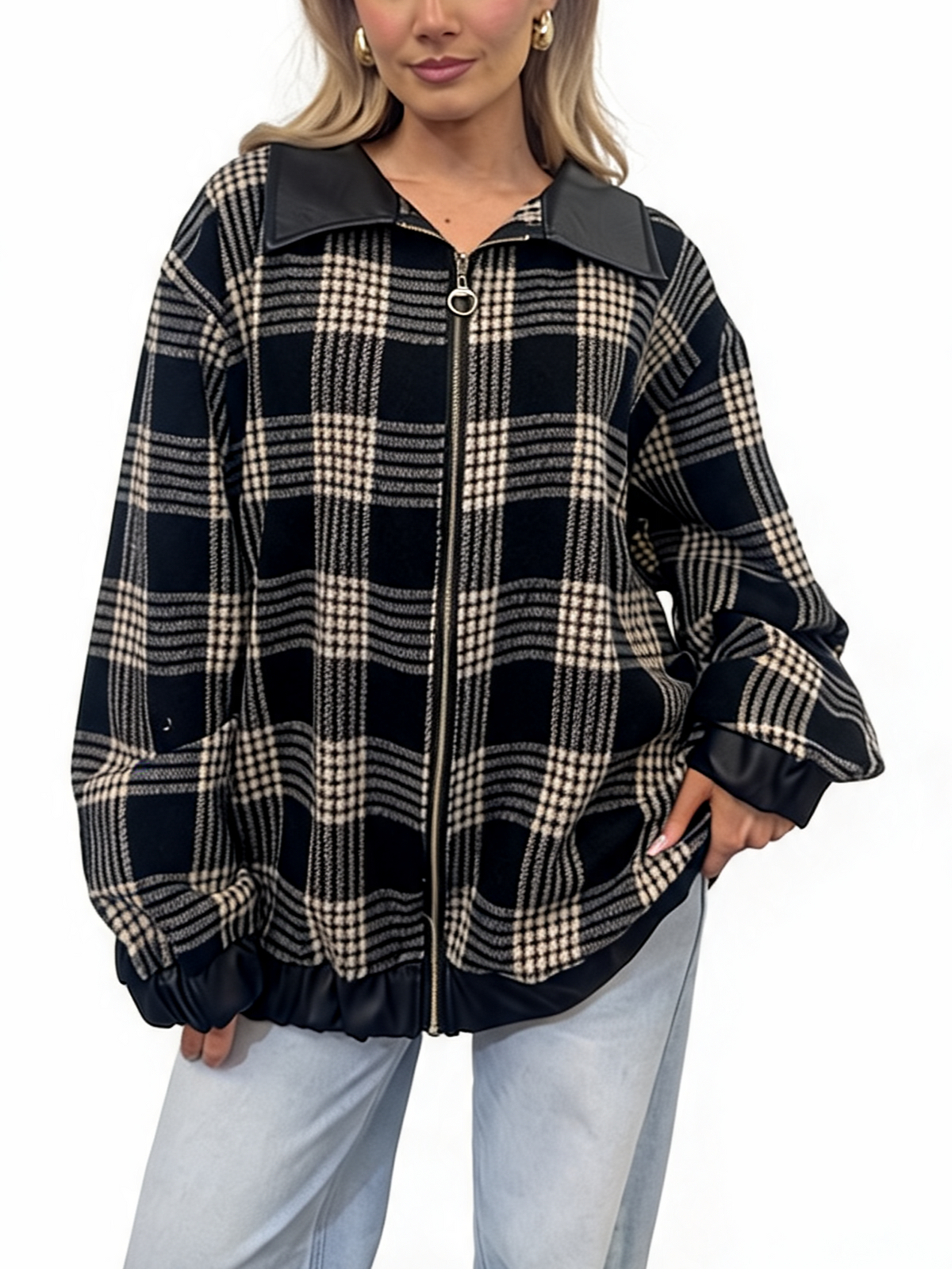 Oversized Check Zip-Up Plaid Collared  with Contrast Trim Bomber Jacket