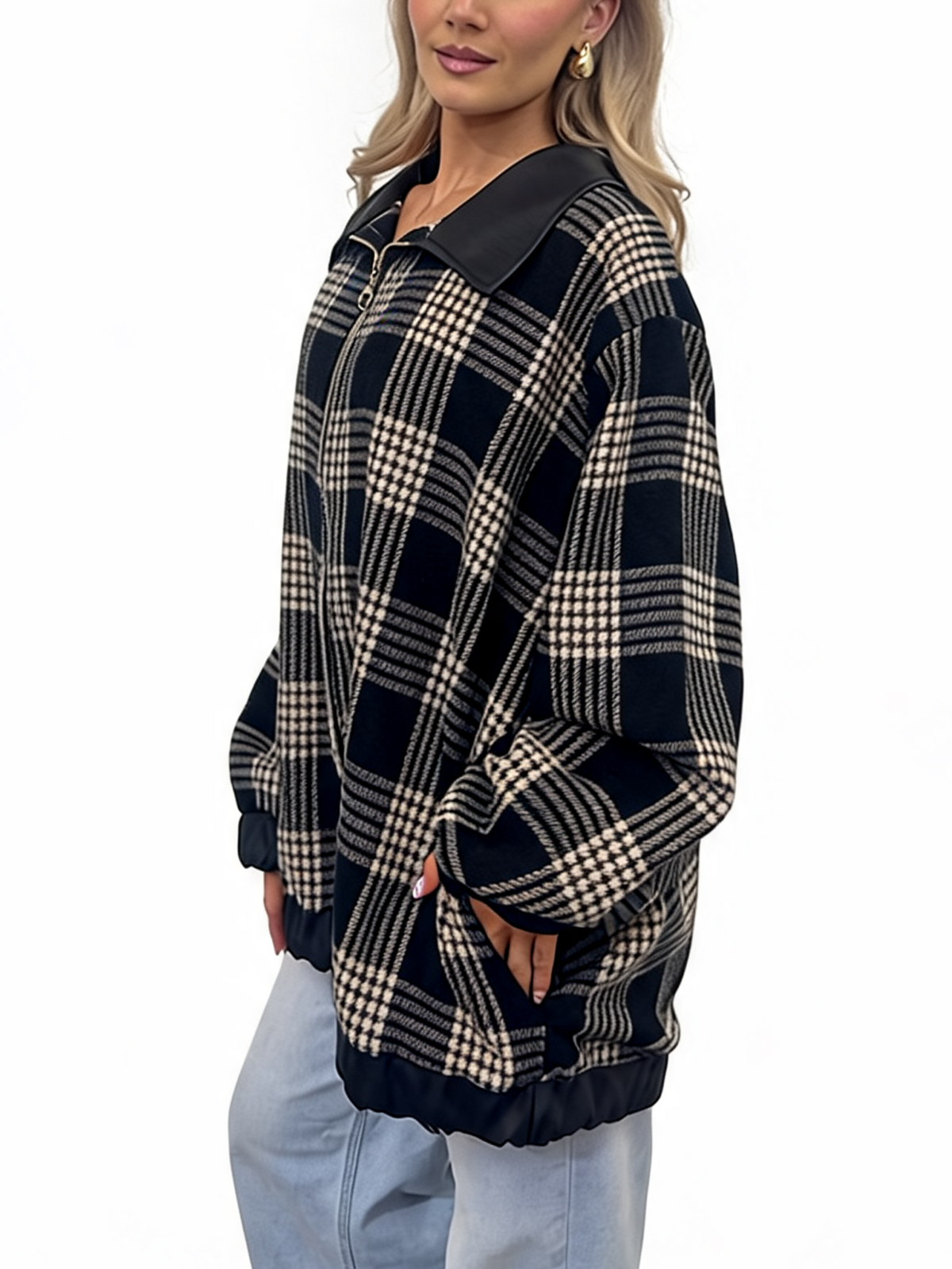 Oversized Check Zip-Up Plaid Collared  with Contrast Trim Bomber Jacket