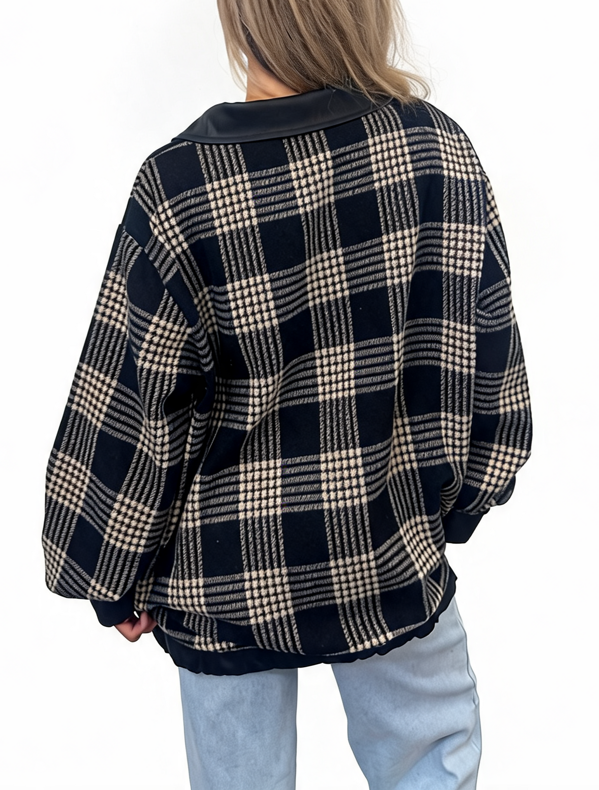 Oversized Check Zip-Up Plaid Collared  with Contrast Trim Bomber Jacket