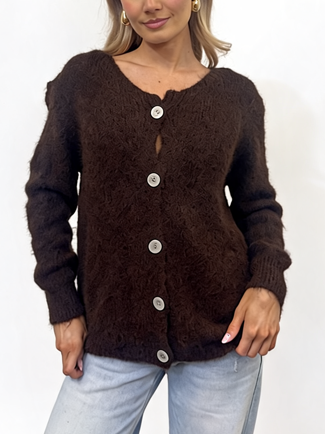 Fluffy Textured Knit Button-Up Relaxed Fit Chunky Cardigan