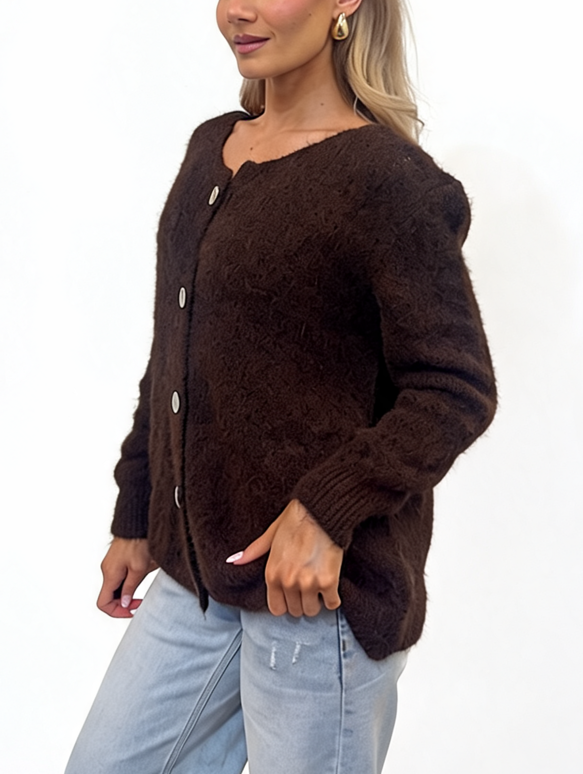 Fluffy Textured Knit Button-Up Relaxed Fit Chunky Cardigan