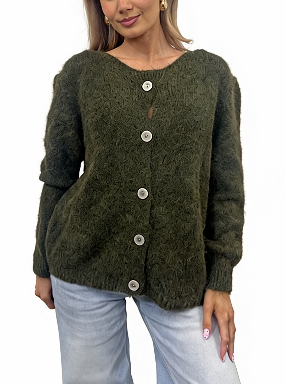 Fluffy Textured Knit Button-Up Relaxed Fit Chunky Cardigan