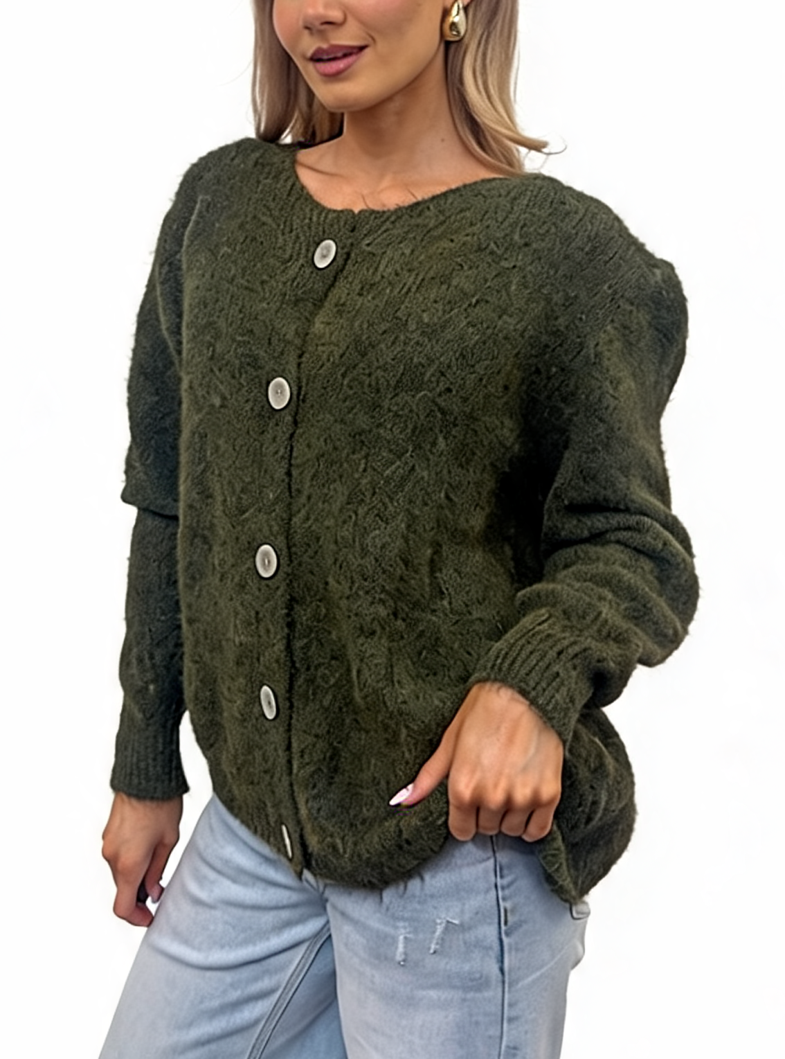 Fluffy Textured Knit Button-Up Relaxed Fit Chunky Cardigan