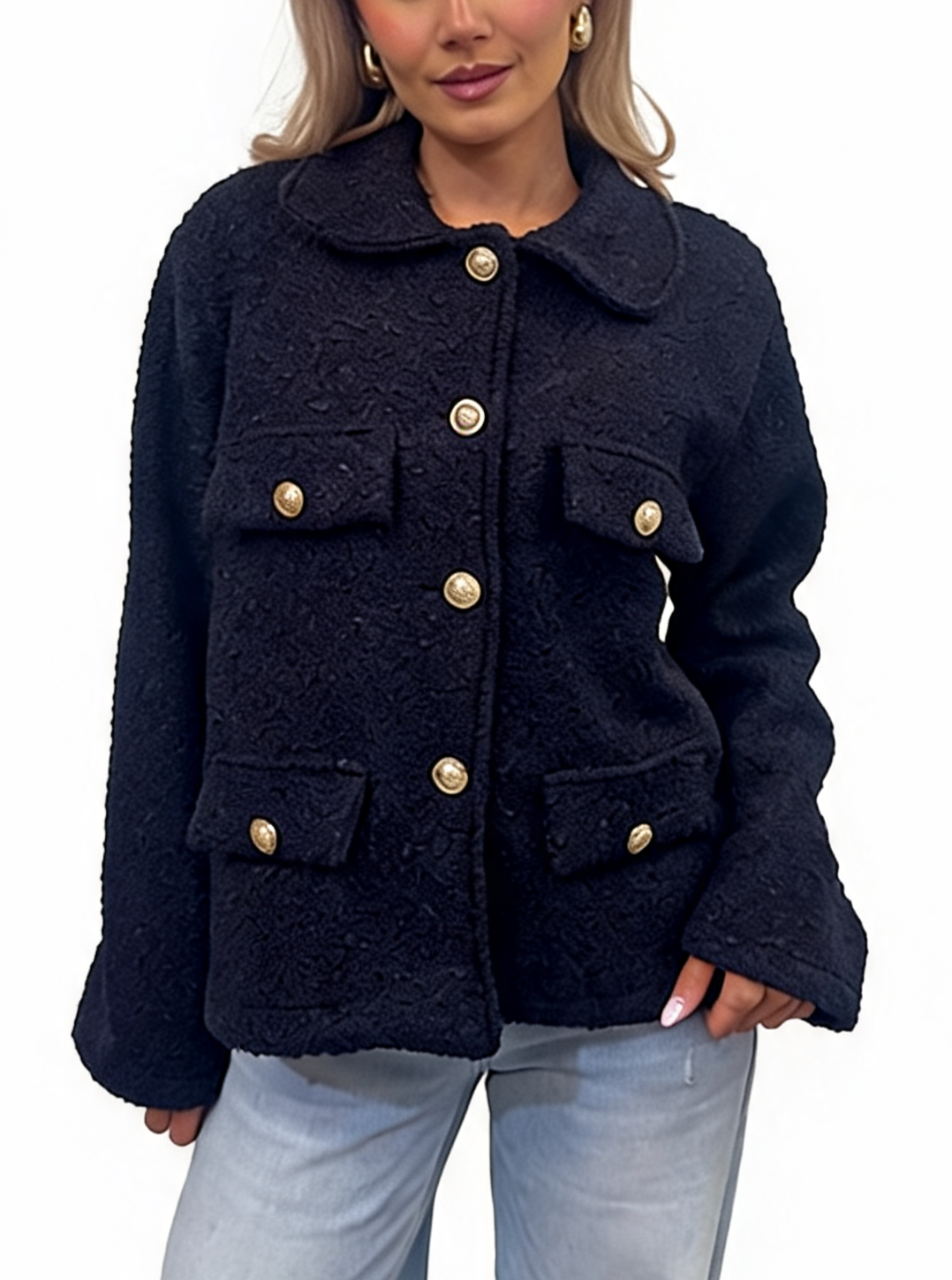 Textured Bouclé Button-Up Jacket with Gold-Tone Buttons