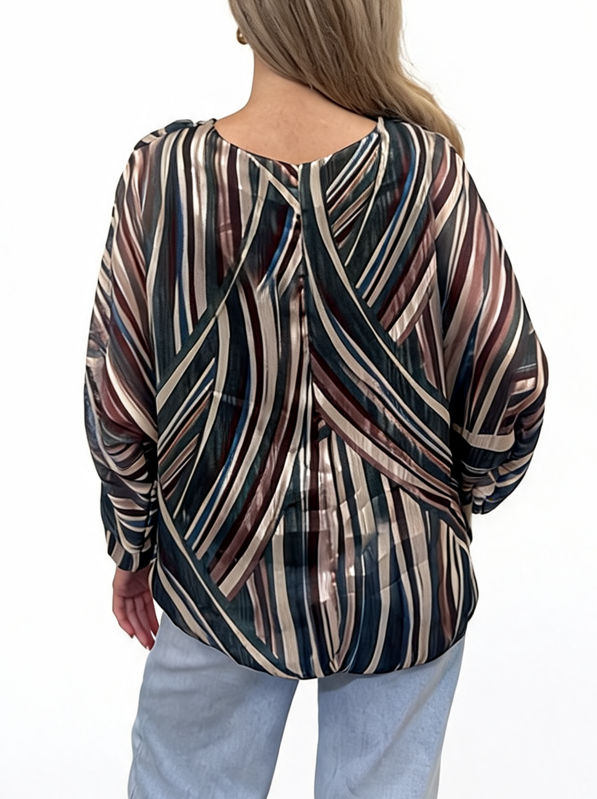 Multi-Stripe Print Tie-Front Long Sleeve Twist Hem Top
