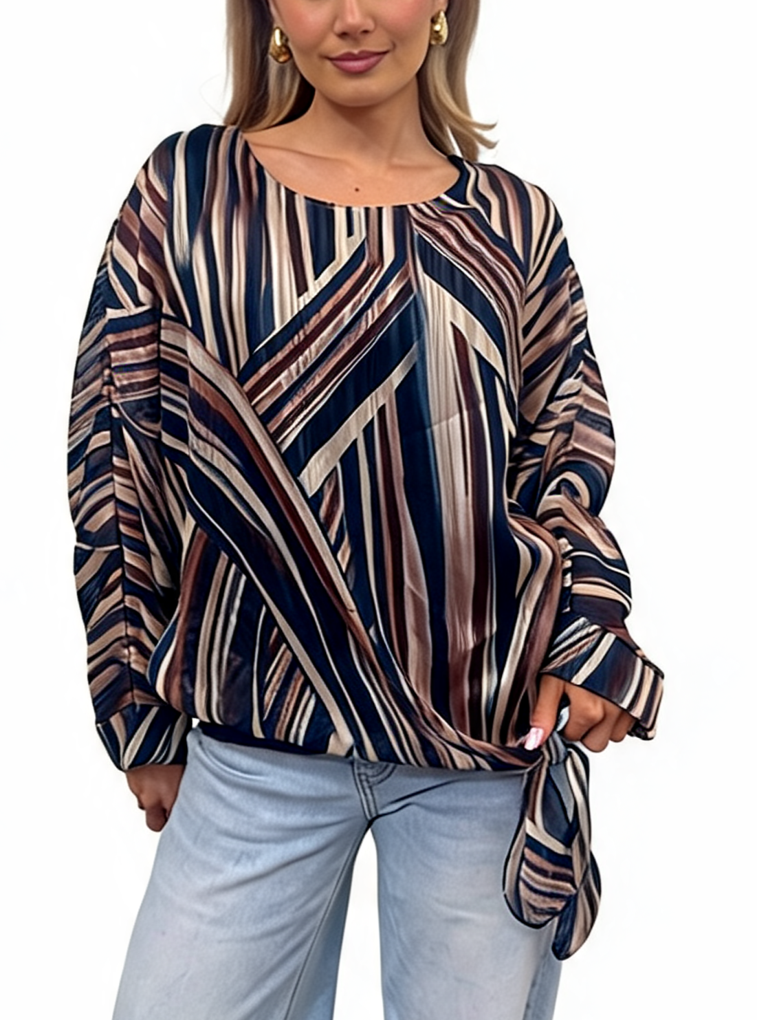 Multi-Stripe Print Tie-Front Long Sleeve Twist Hem Top