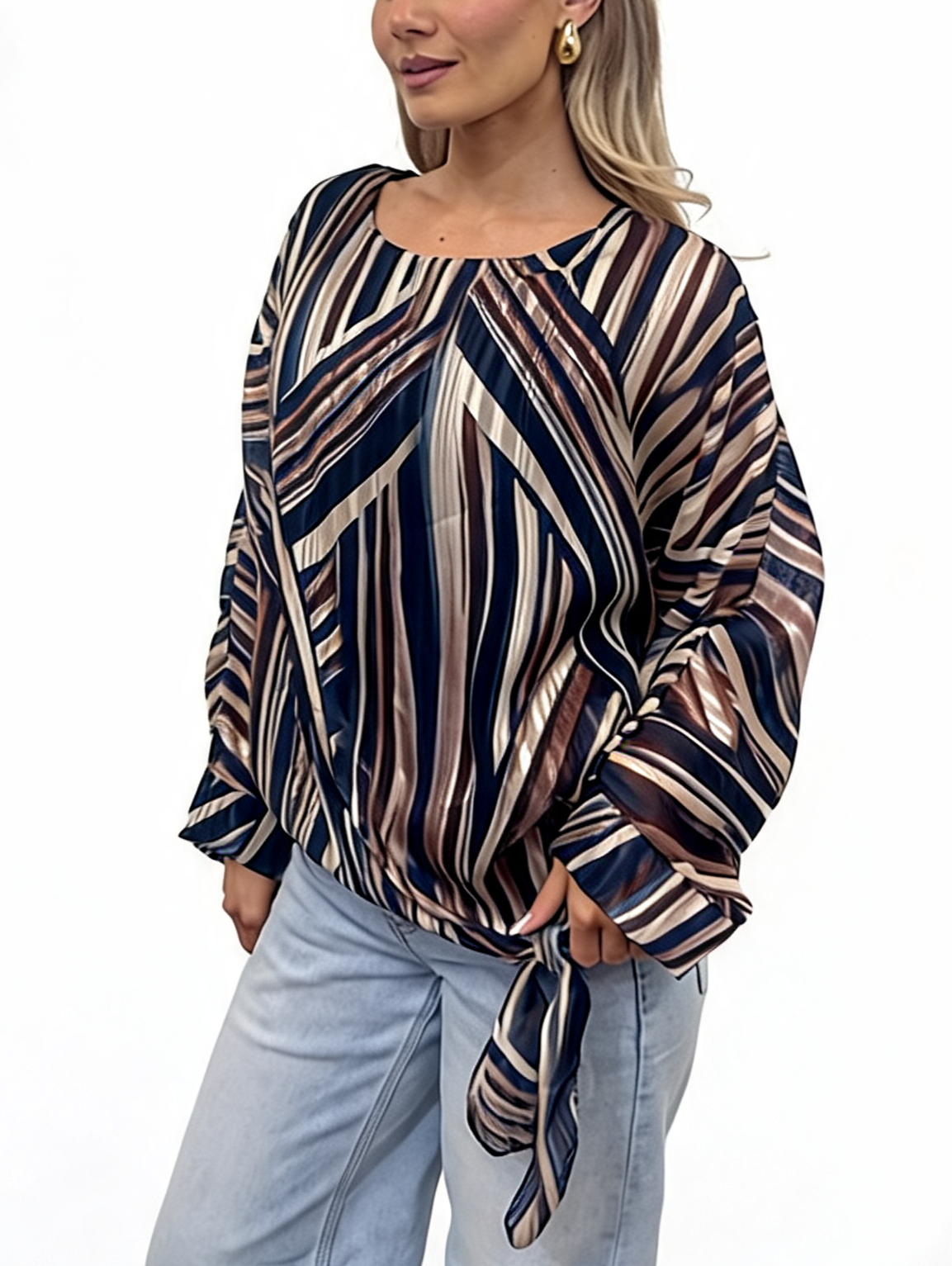 Multi-Stripe Print Tie-Front Long Sleeve Twist Hem Top