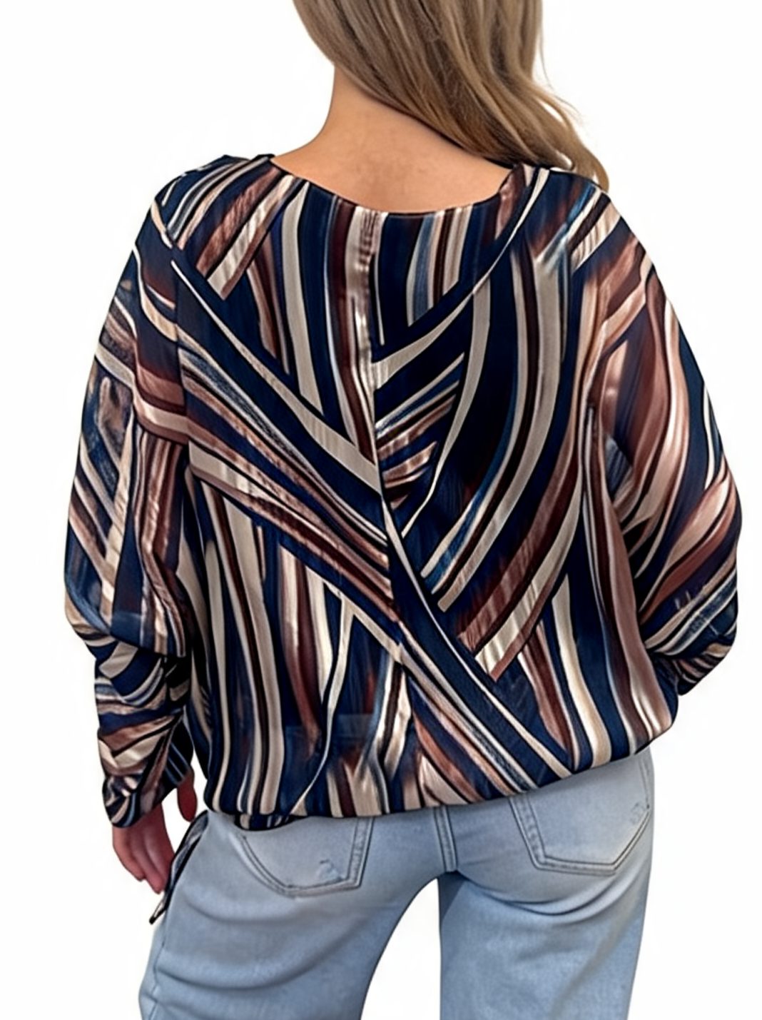 Multi-Stripe Print Tie-Front Long Sleeve Twist Hem Top