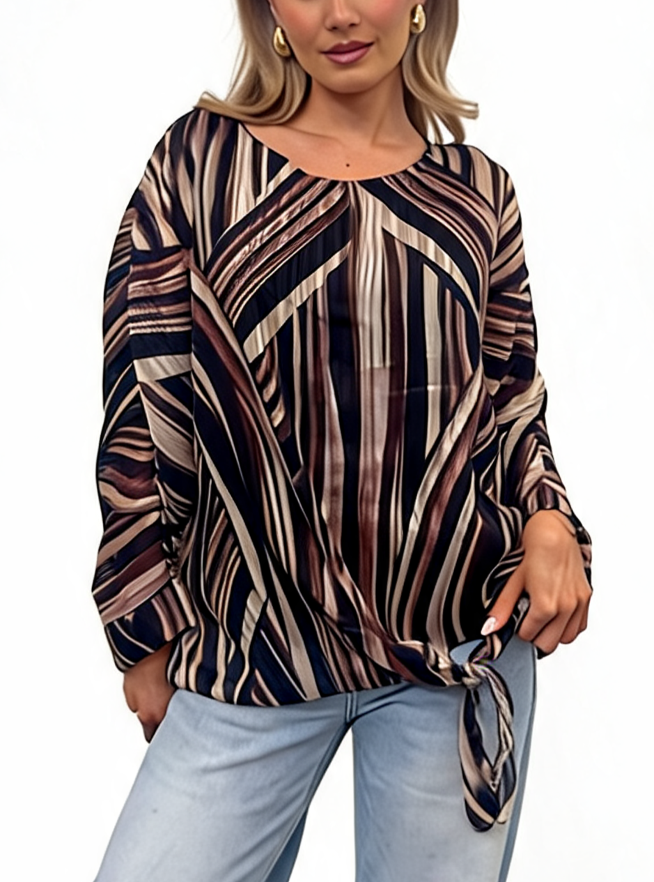 Multi-Stripe Print Tie-Front Long Sleeve Twist Hem Top