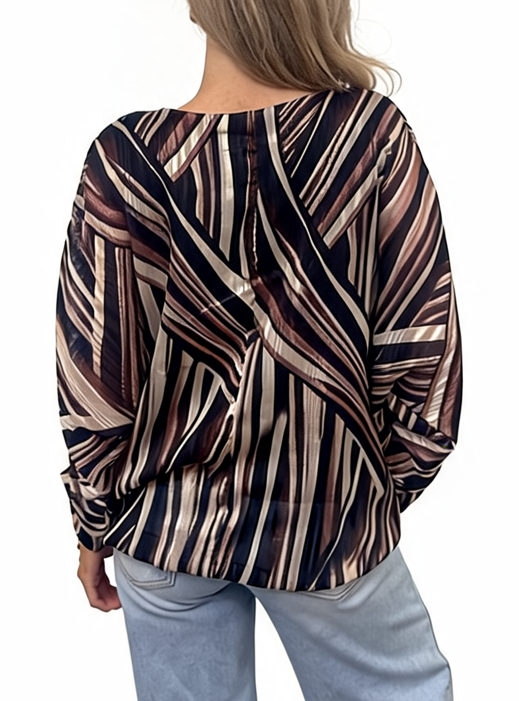 Multi-Stripe Print Tie-Front Long Sleeve Twist Hem Top