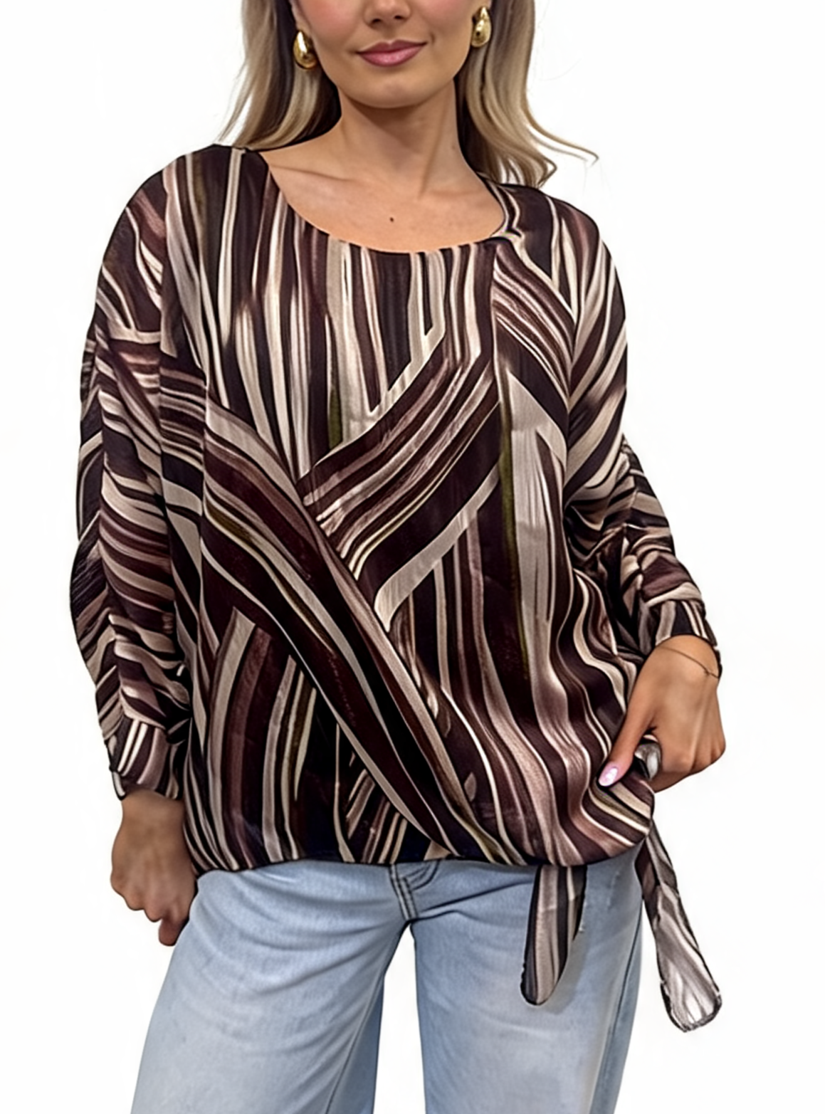 Multi-Stripe Print Tie-Front Long Sleeve Twist Hem Top