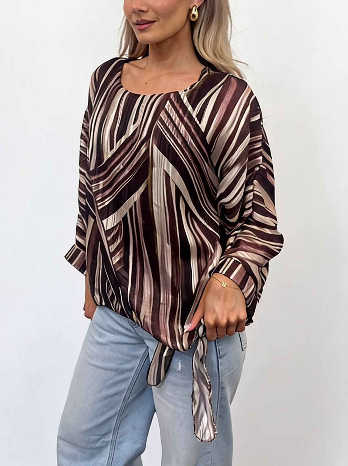 Multi-Stripe Print Tie-Front Long Sleeve Twist Hem Top