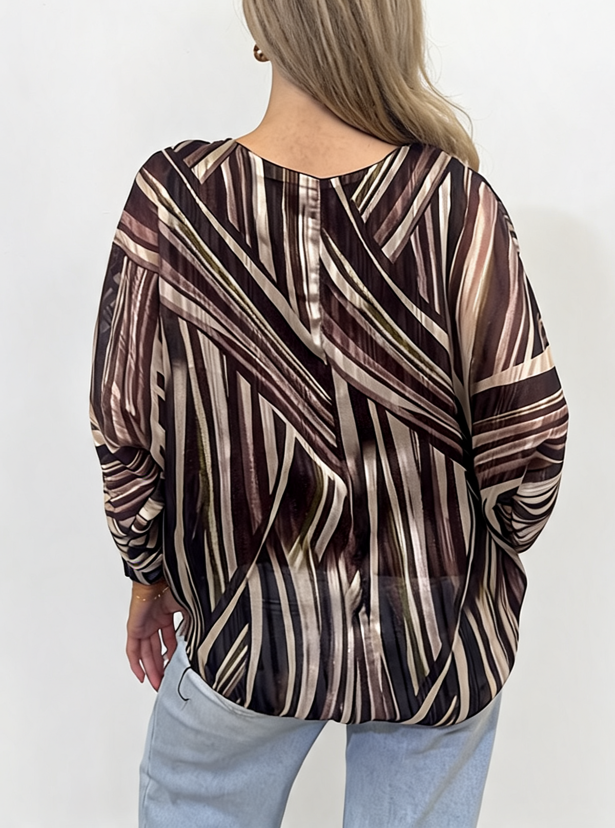 Multi-Stripe Print Tie-Front Long Sleeve Twist Hem Top