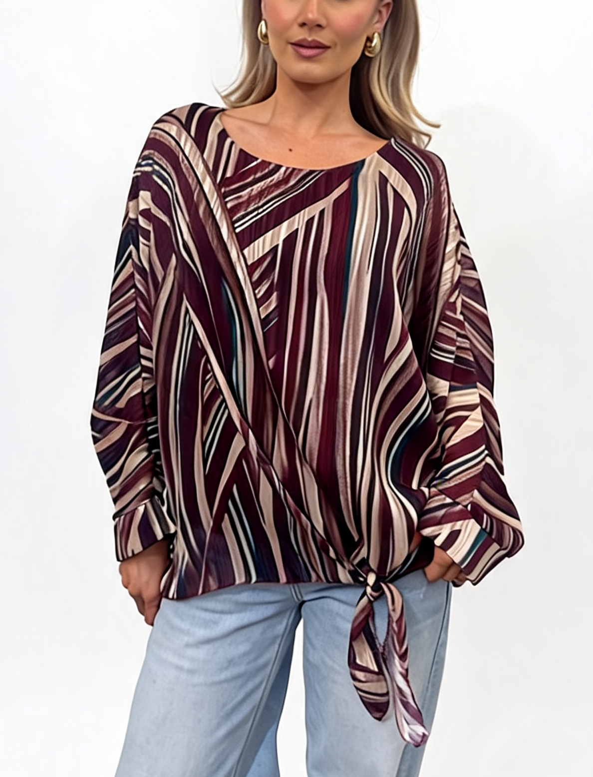 Multi-Stripe Print Tie-Front Long Sleeve Twist Hem Top