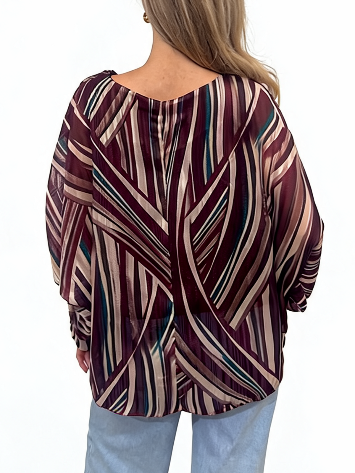 Multi-Stripe Print Tie-Front Long Sleeve Twist Hem Top