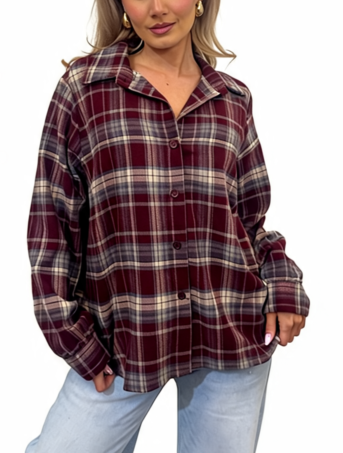 Oversized Plaid Button-Down Long Sleeve Checked Flannel Shirt