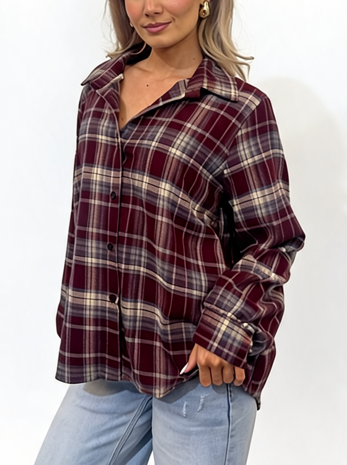 Oversized Plaid Button-Down Long Sleeve Checked Flannel Shirt