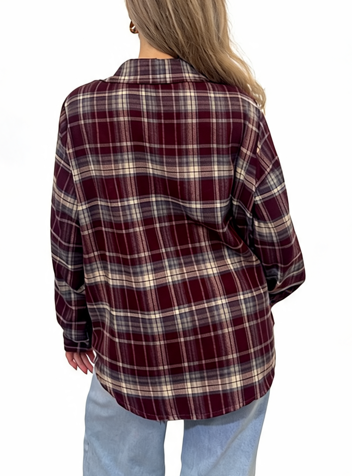 Oversized Plaid Button-Down Long Sleeve Checked Flannel Shirt