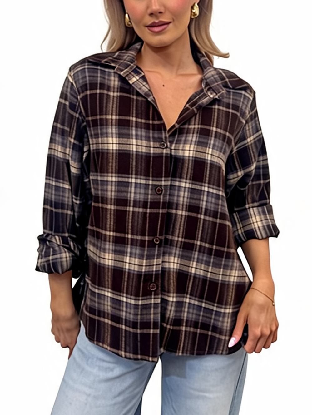 Oversized Plaid Button-Down Long Sleeve Checked Flannel Shirt