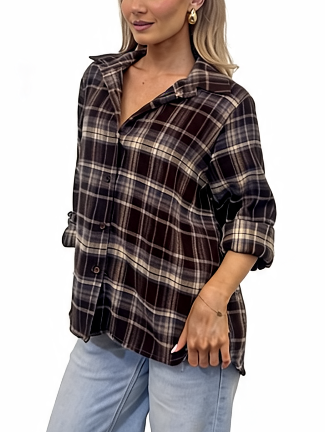 Oversized Plaid Button-Down Long Sleeve Checked Flannel Shirt