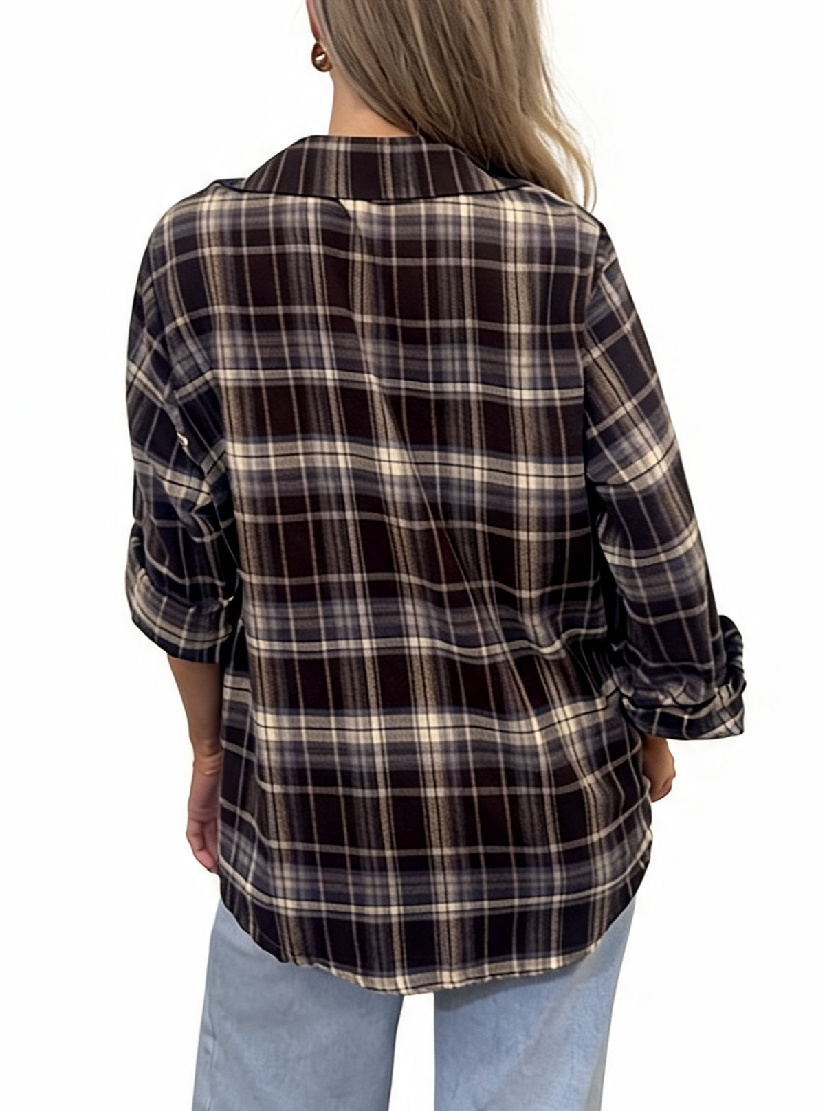 Oversized Plaid Button-Down Long Sleeve Checked Flannel Shirt