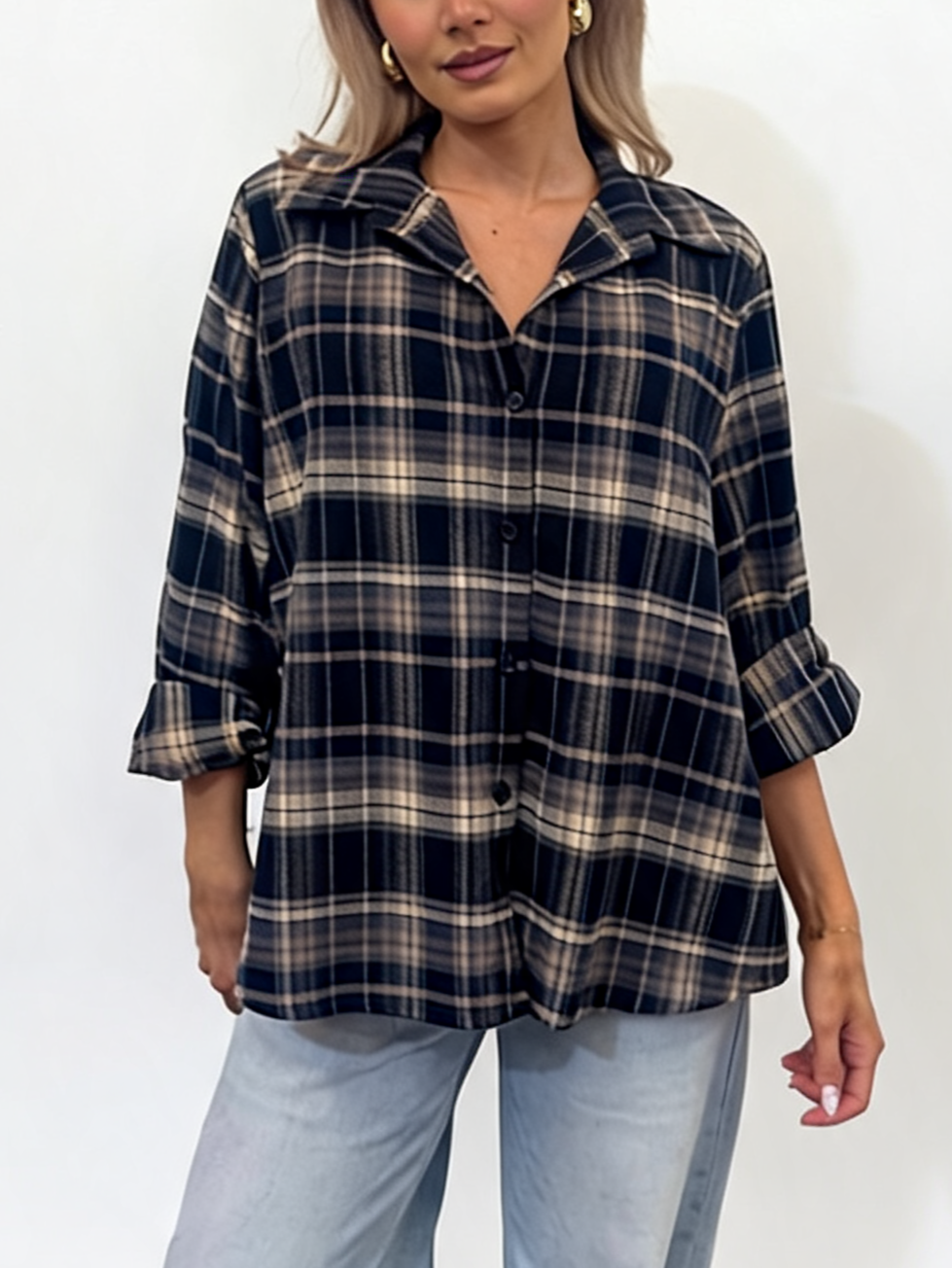 Oversized Plaid Button-Down Long Sleeve Checked Flannel Shirt