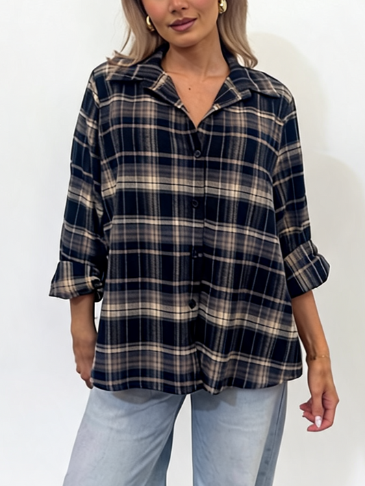 Oversized Plaid Button-Down Long Sleeve Checked Flannel Shirt