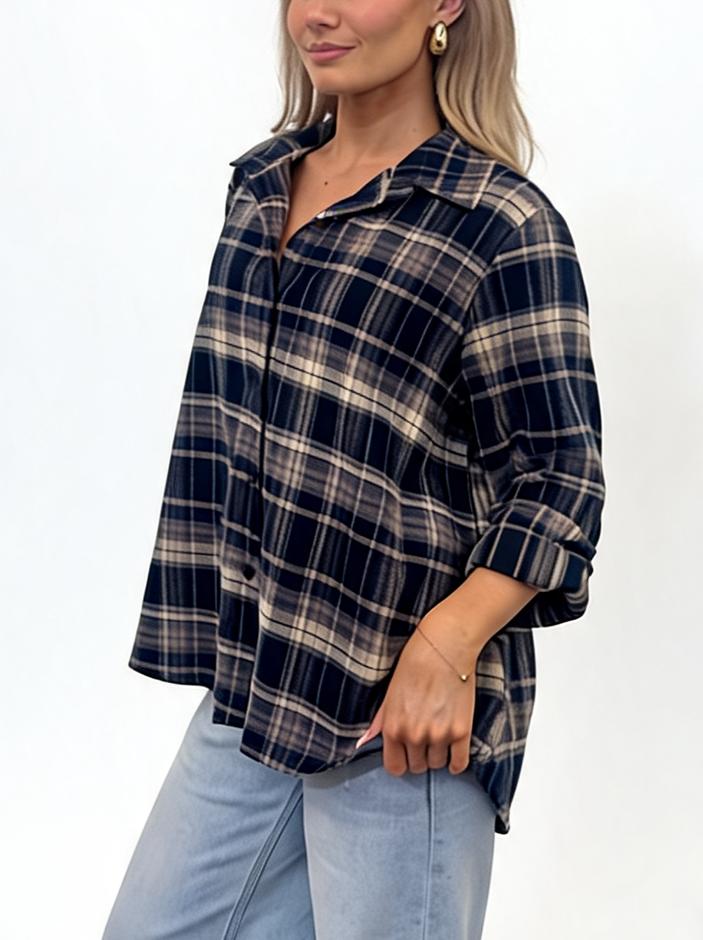 Oversized Plaid Button-Down Long Sleeve Checked Flannel Shirt