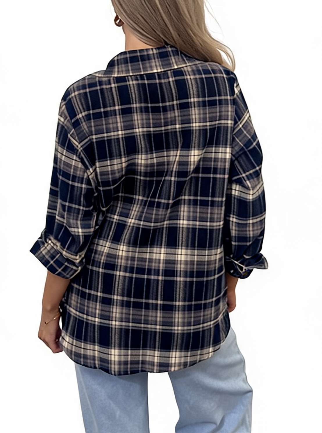 Oversized Plaid Button-Down Long Sleeve Checked Flannel Shirt