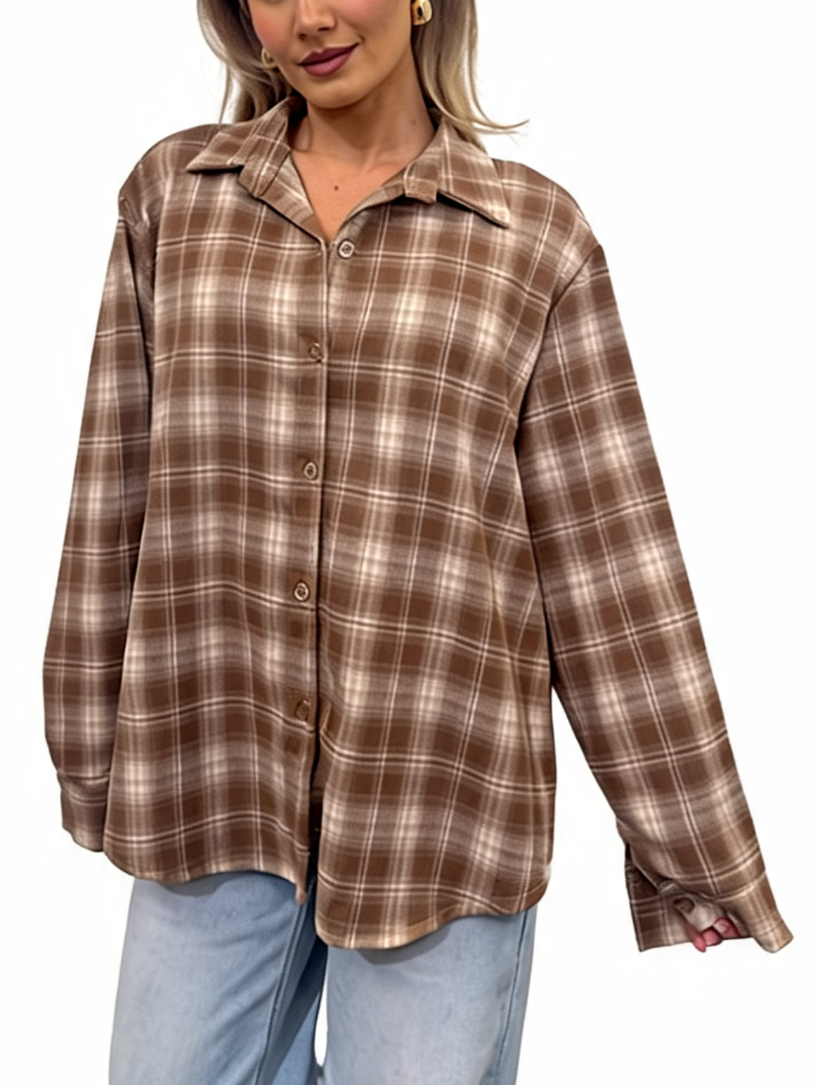 Oversized Plaid Button-Down Long Sleeve Checked Flannel Shirt