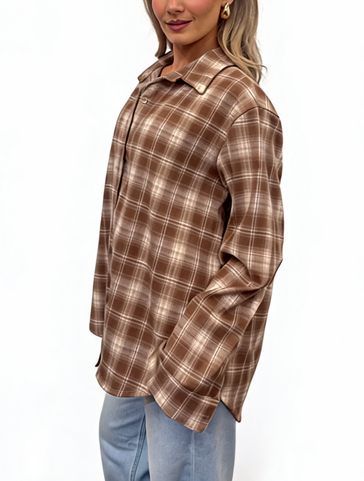 Oversized Plaid Button-Down Long Sleeve Checked Flannel Shirt