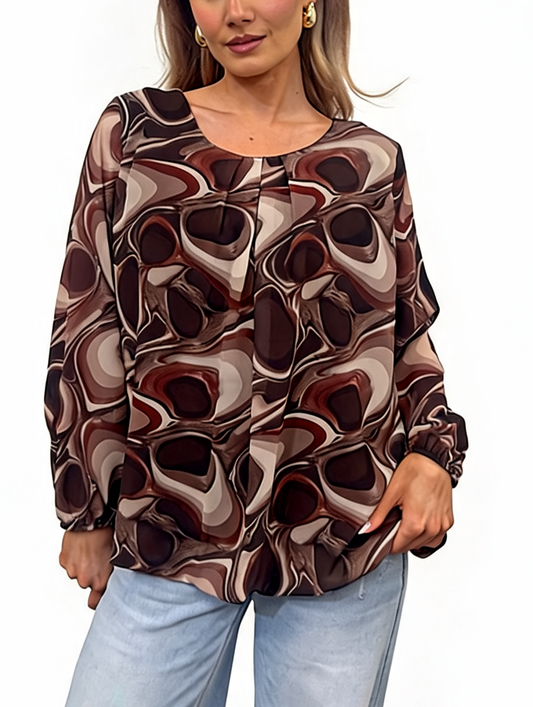 Abstract Swirl Print Pleated Front Blouse with Elasticated Cuffs and Bubble Hem