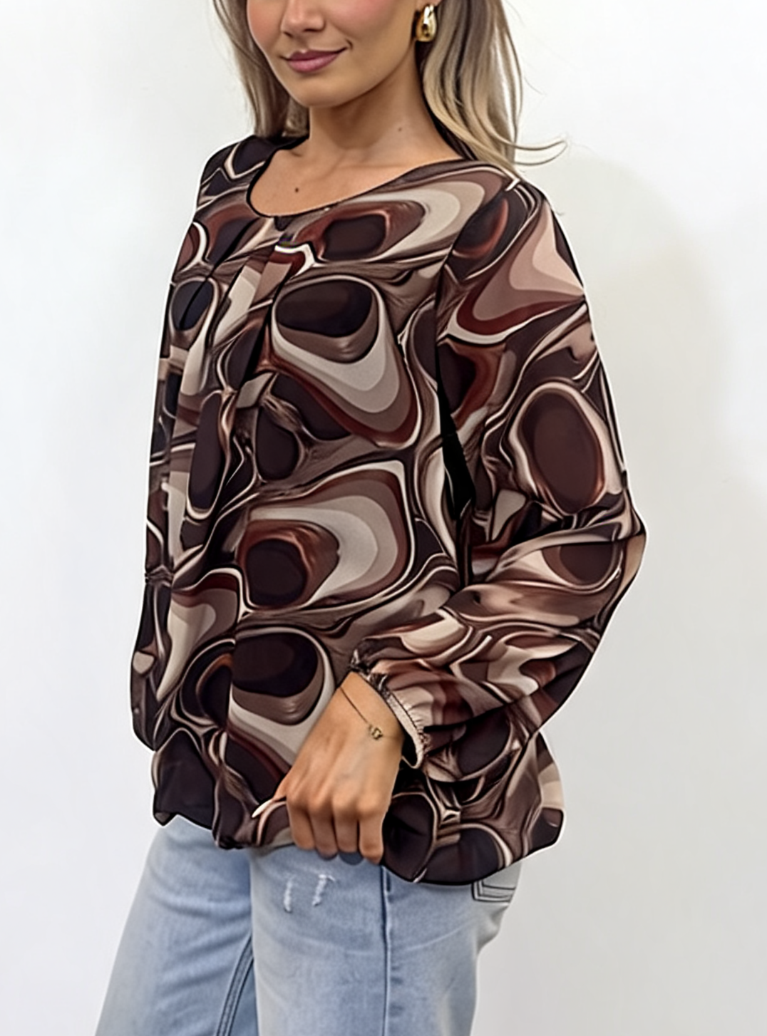 Abstract Swirl Print Pleated Front Blouse with Elasticated Cuffs and Bubble Hem