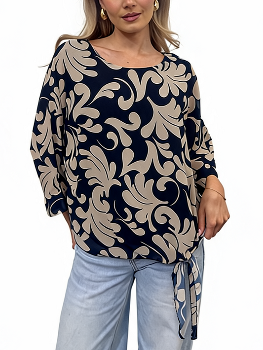 Baroque Scroll Print Tie-Hem Relaxed Batwing Sleeve with Side Knot Detail Blouse