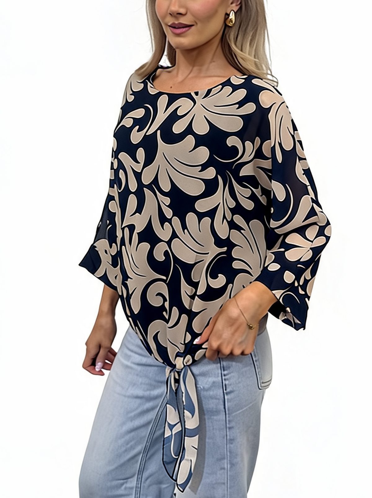 Baroque Scroll Print Tie-Hem Relaxed Batwing Sleeve with Side Knot Detail Blouse