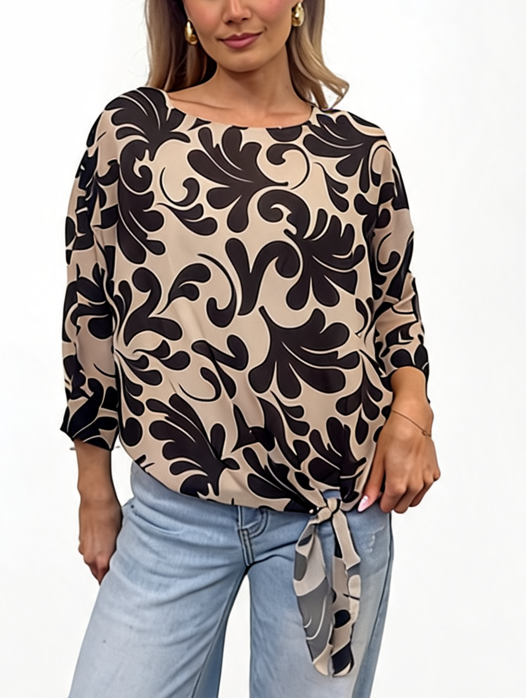 Baroque Scroll Print Tie-Hem Relaxed Batwing Sleeve with Side Knot Detail Blouse