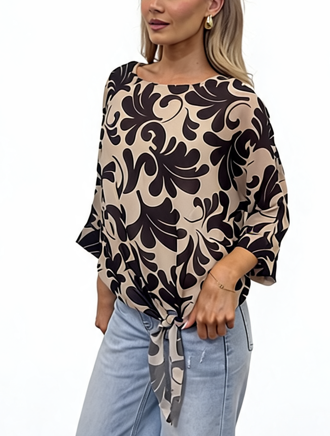 Baroque Scroll Print Tie-Hem Relaxed Batwing Sleeve with Side Knot Detail Blouse