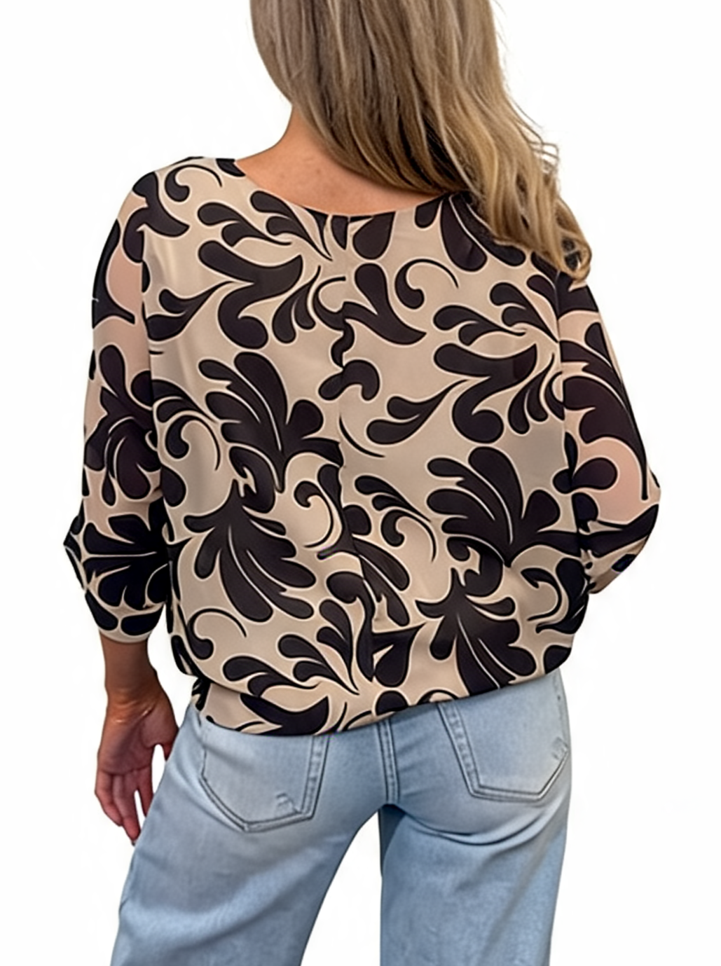 Baroque Scroll Print Tie-Hem Relaxed Batwing Sleeve with Side Knot Detail Blouse