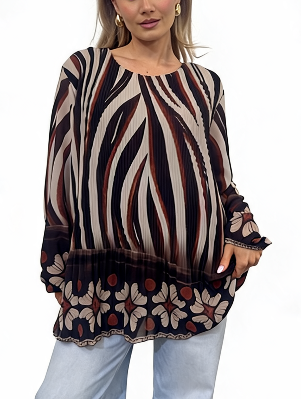 Pleated Abstract Print Tunic Floaty Long Sleeve Top with Floral Border Hem and Elasticated Cuffs
