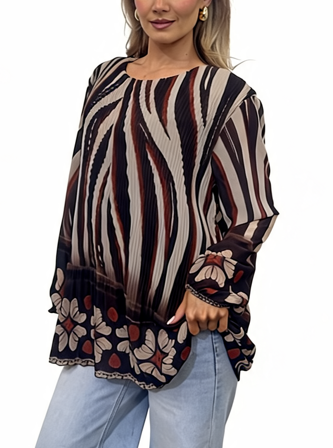 Pleated Abstract Print Tunic Floaty Long Sleeve Top with Floral Border Hem and Elasticated Cuffs