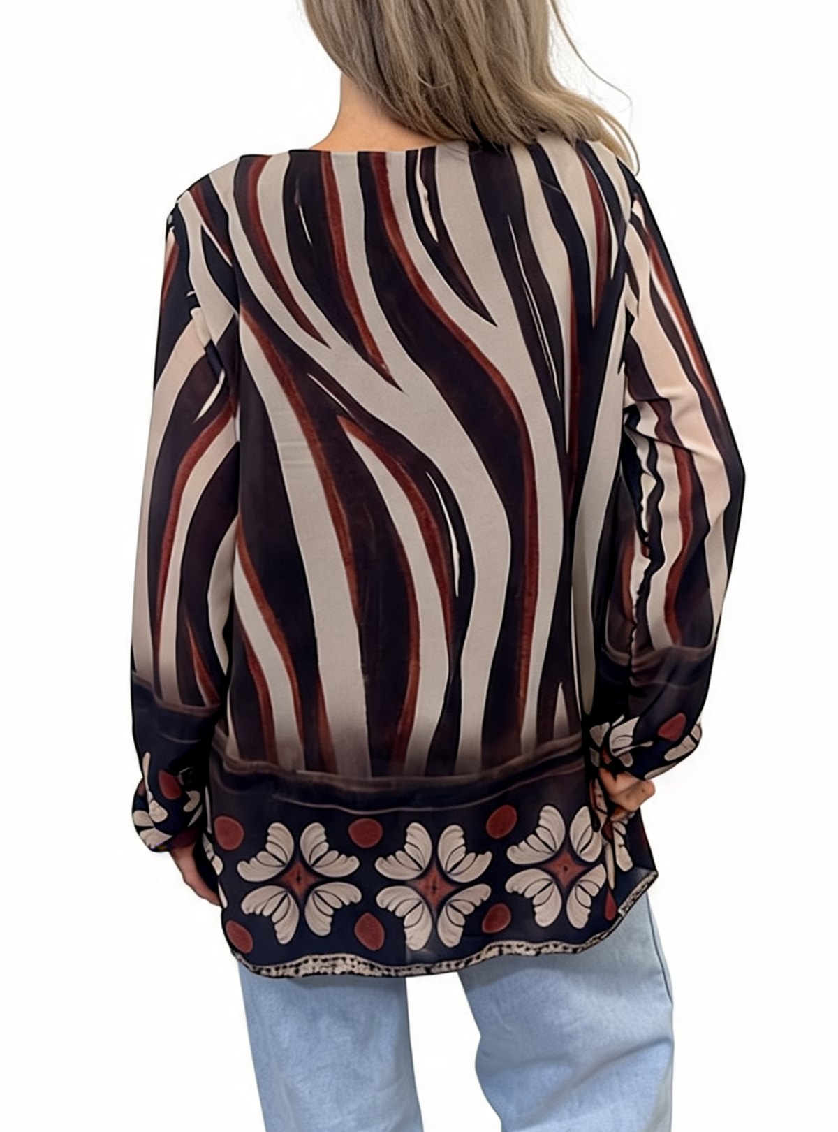 Pleated Abstract Print Tunic Floaty Long Sleeve Top with Floral Border Hem and Elasticated Cuffs
