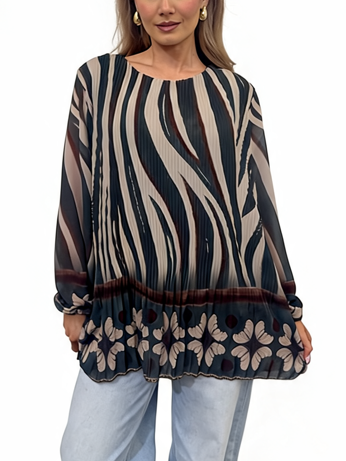 Pleated Abstract Print Tunic Floaty Long Sleeve Top with Floral Border Hem and Elasticated Cuffs