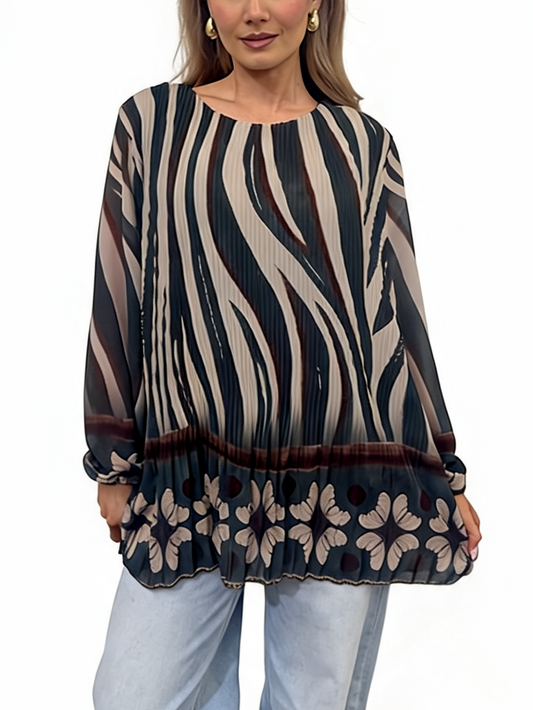 Pleated Abstract Print Tunic Floaty Long Sleeve Top with Floral Border Hem and Elasticated Cuffs