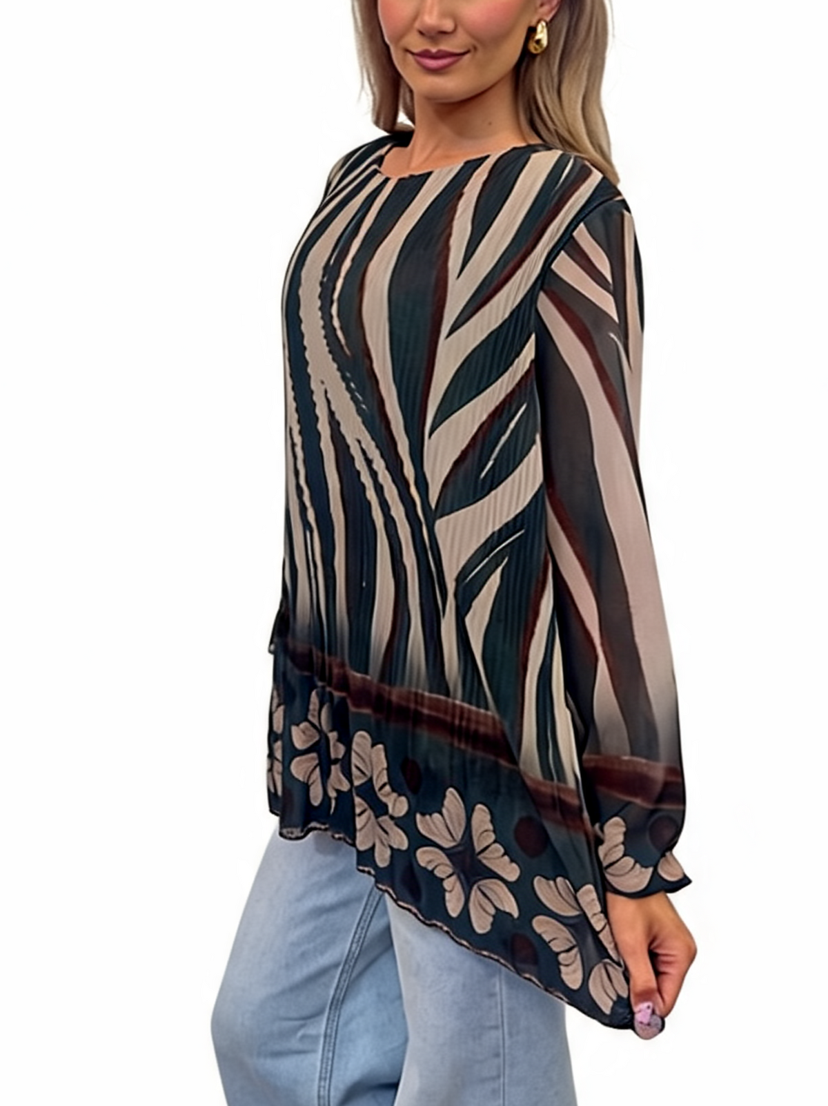 Pleated Abstract Print Tunic Floaty Long Sleeve Top with Floral Border Hem and Elasticated Cuffs