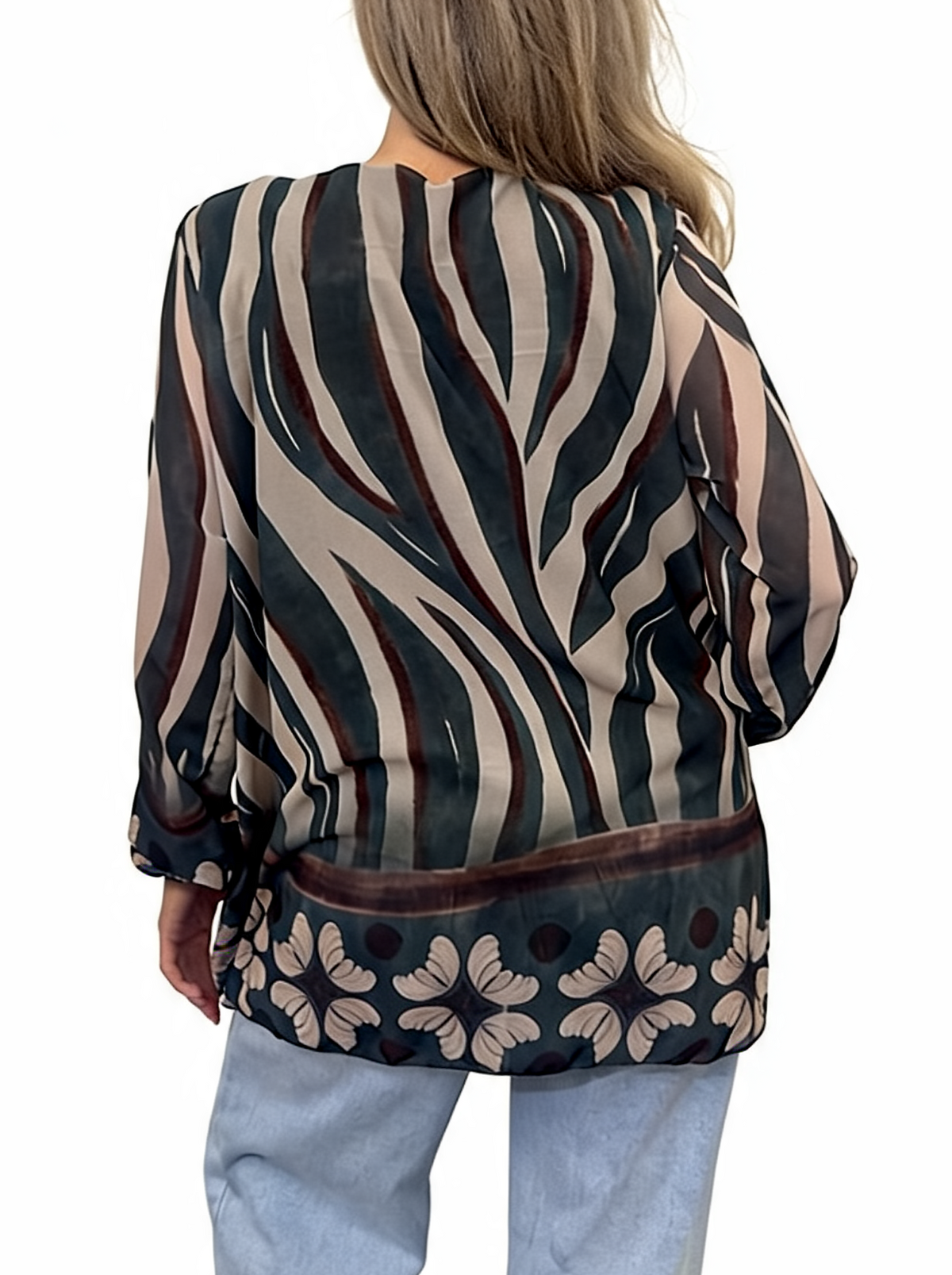 Pleated Abstract Print Tunic Floaty Long Sleeve Top with Floral Border Hem and Elasticated Cuffs