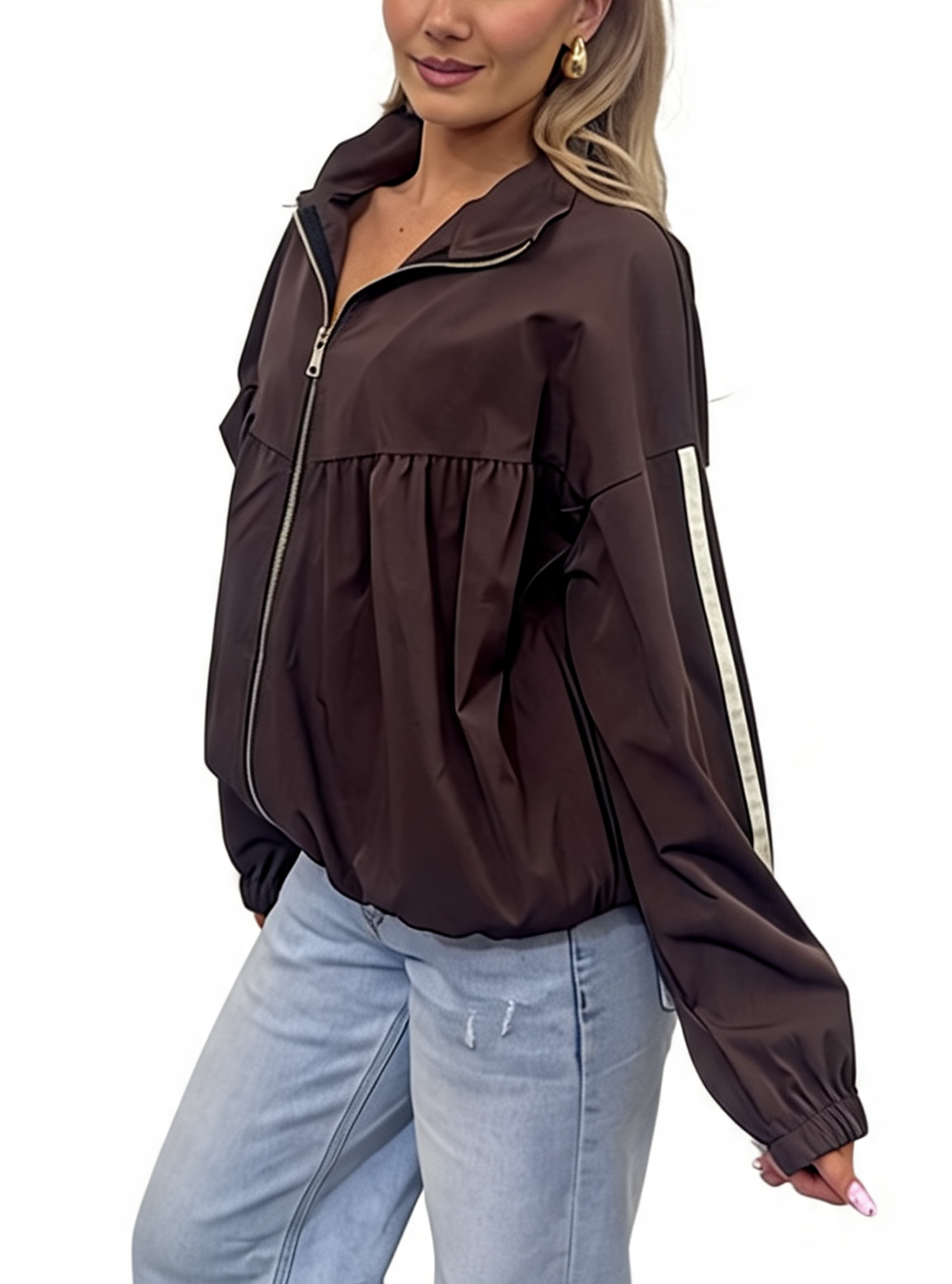 Oversized Gathered Zip-Up Lightweight Funnel Neck Track Jacket with Side Stripe