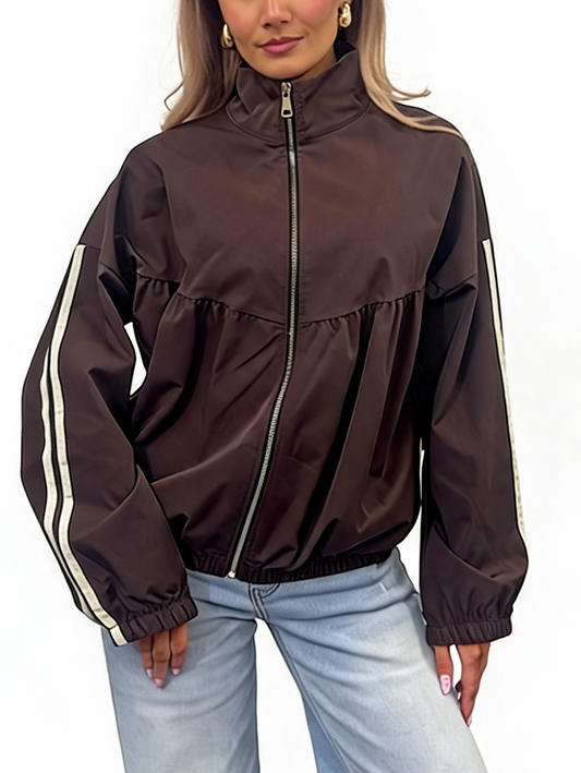 Oversized Gathered Zip-Up Lightweight Funnel Neck Track Jacket with Side Stripe